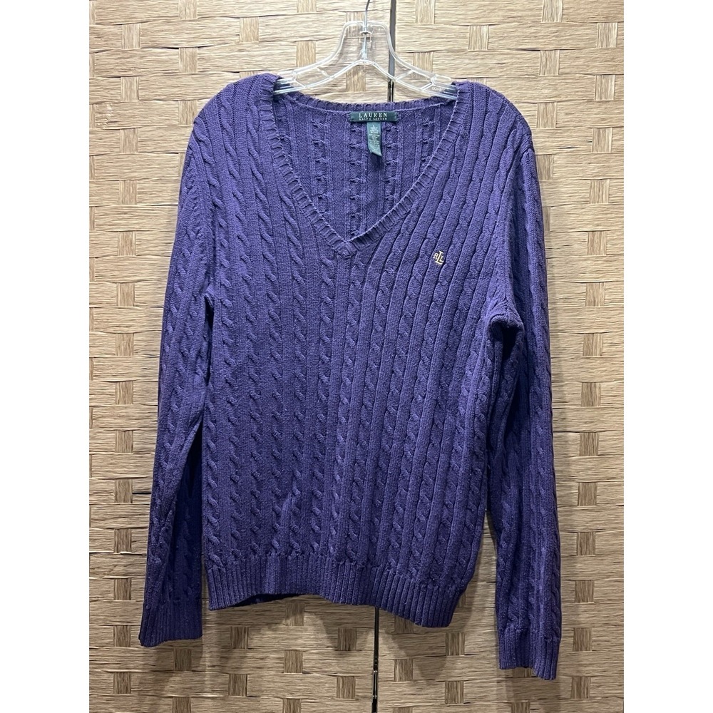 Lauren Ralph Lauren Women's Cable-knit Sweater Purple V-neck Sz L Good Condition